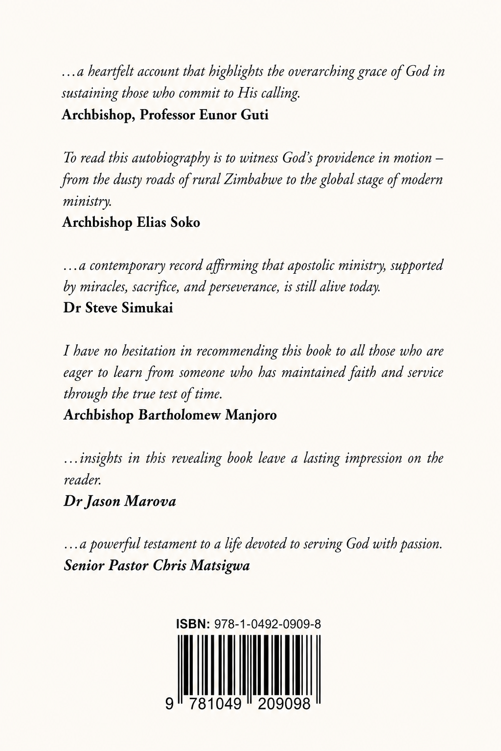 Printed back cover of When Grace Beckons with endorsements and ISBN 978-1-0492-0909-8
